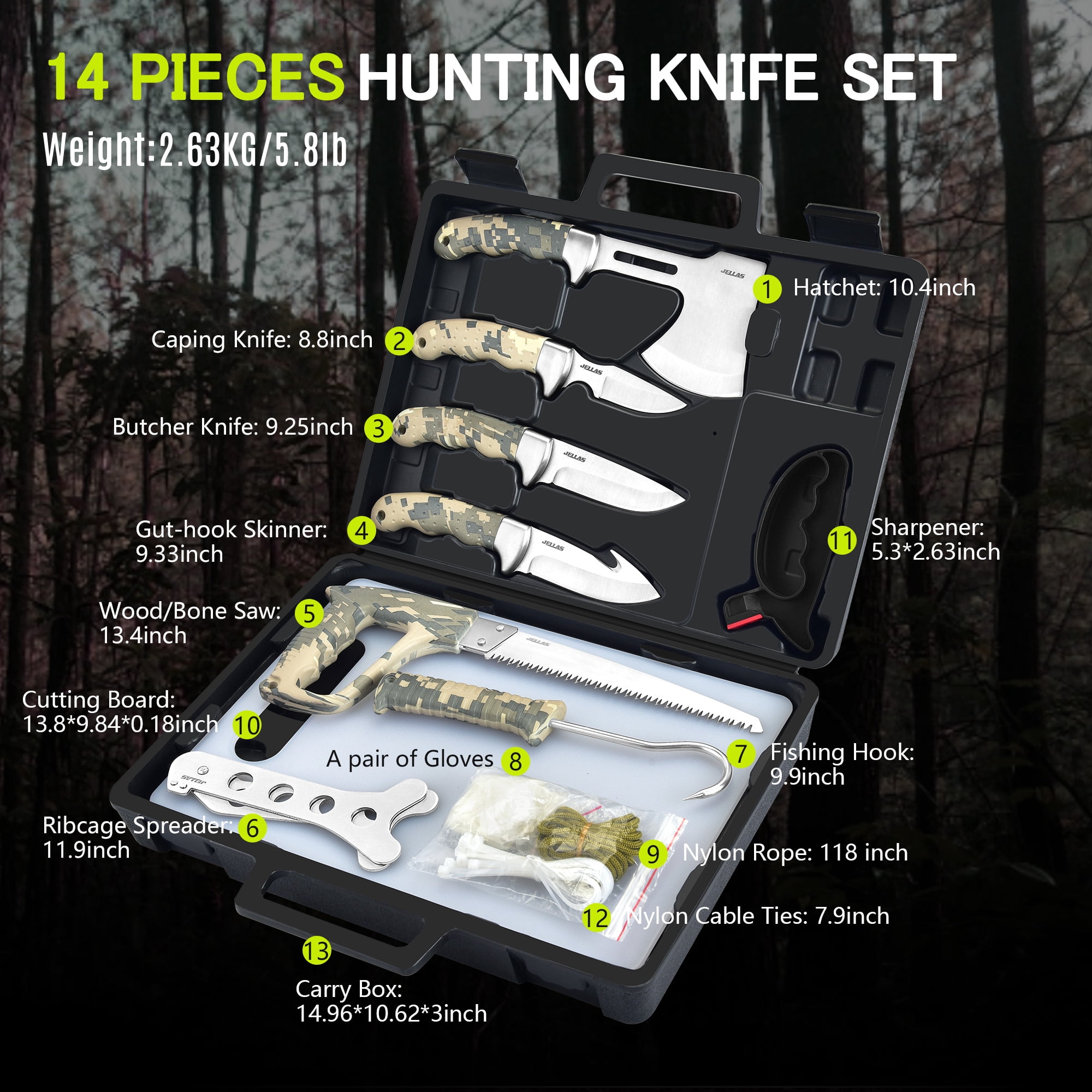 Jellas 14 Pieces Deer Hunting Knife Set with Storage Case, Butcher Kit, Fixed Blade Skinning Knife for Camping, Fishing