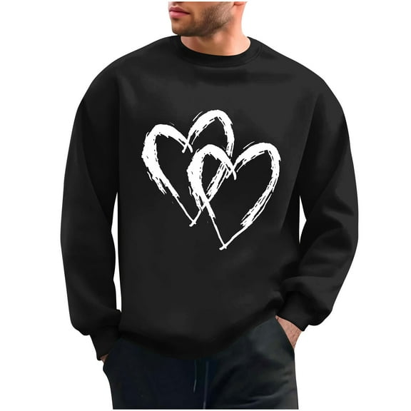 WREESH Mens Valentines Sweatshirts Graphic Oversized Sweatshirts Loose Casual Heart Printed Round Neck Pullover Tops Spring Shirt Black