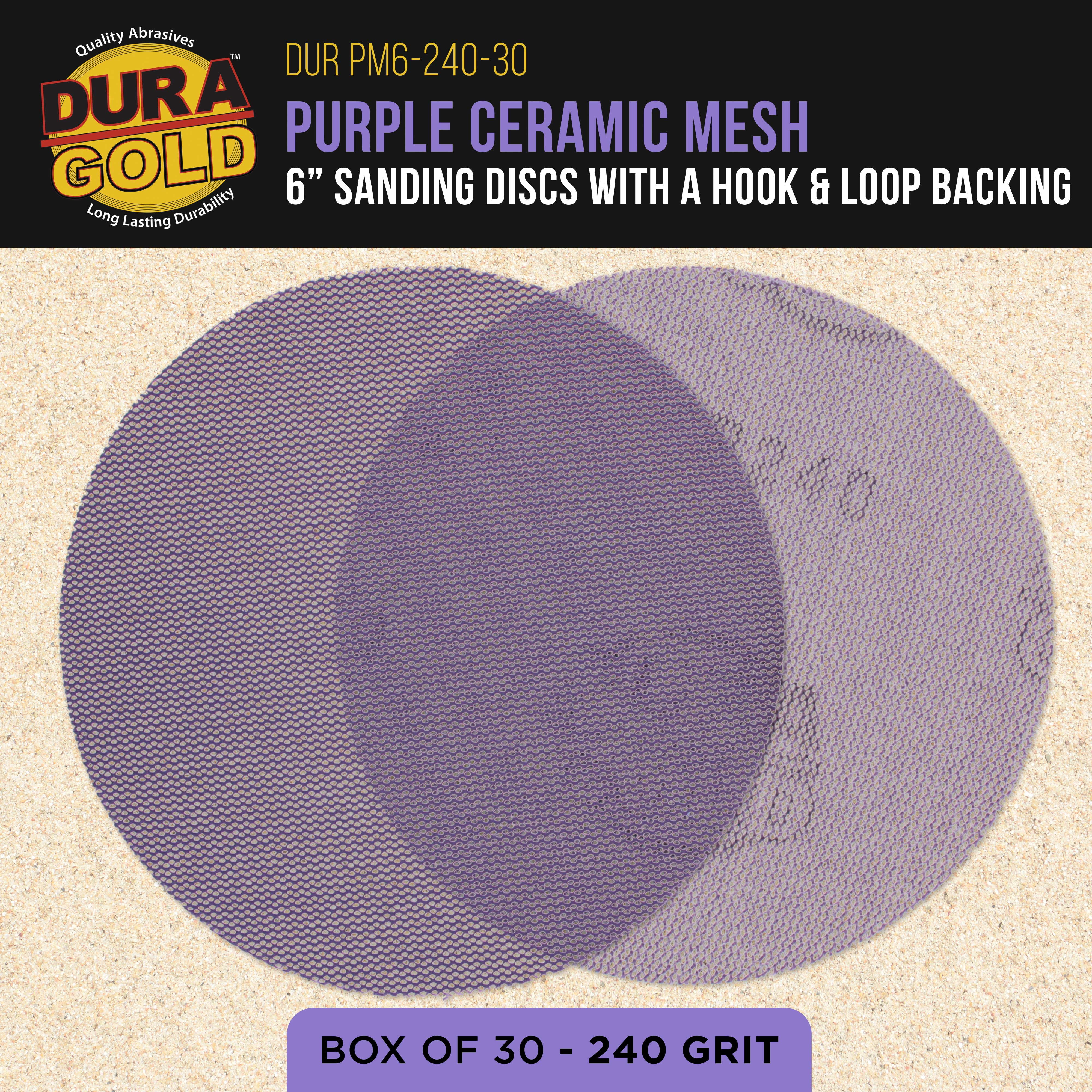 Dura-Gold Premium 240 Grit 6" Purple Ceramic Mesh Sanding Discs, Box of 30 - Dustless Hook & Loop Backing Sandpaper for DA & Random Orbital Sanders - Long-Lasting Fast Cut - Woodworking, Auto Paint