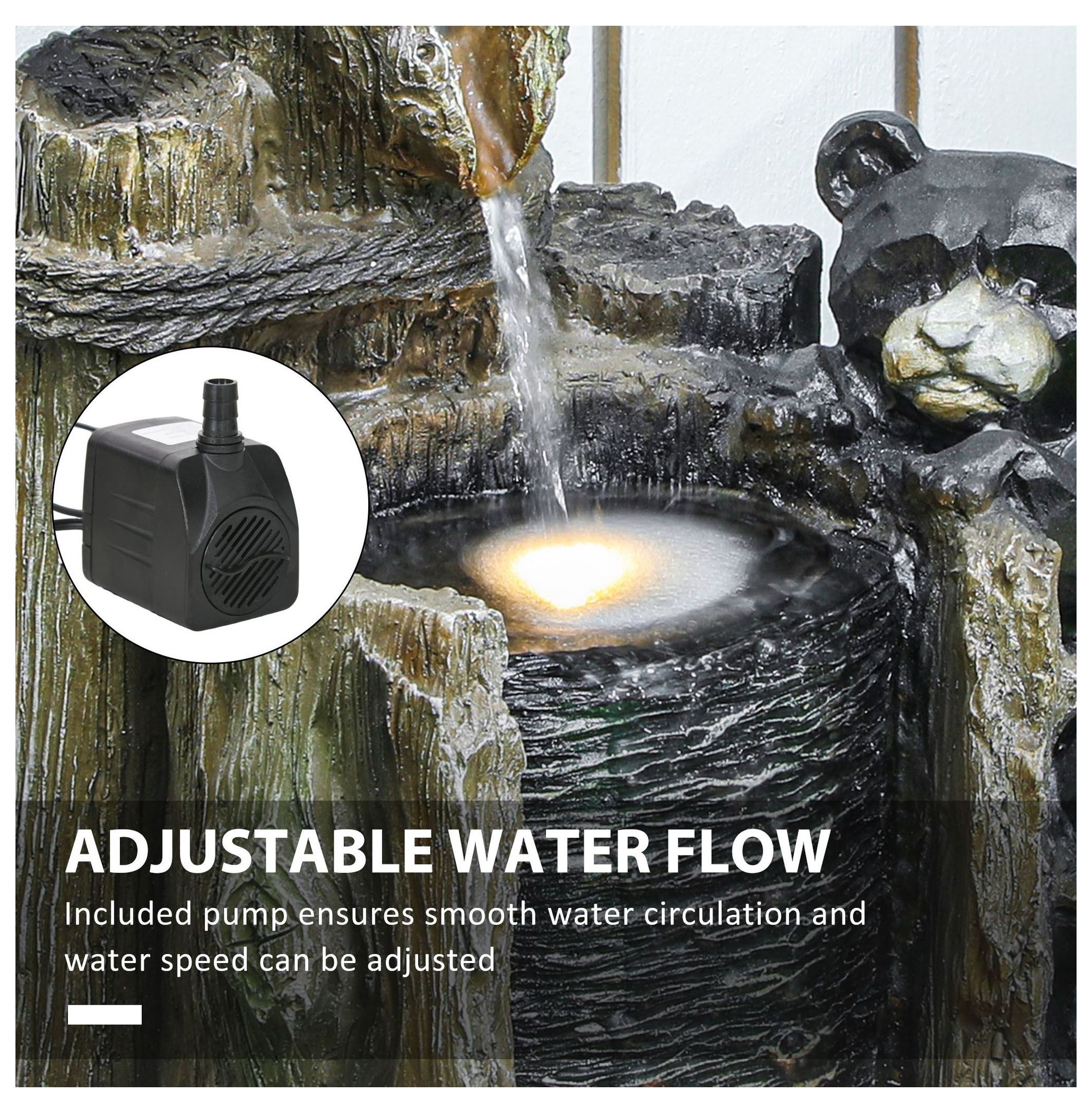 22.8" Outdoor Water Fountain, 3-Tier Bear Waterfall with LED Lights & Pump