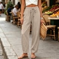 thumbnail image 7 of Linen Pants for Women Beach Vacation High Waist Elastic Drawstring Straight Leg Long Trousers with Pockets, 2XL, 7 of 7