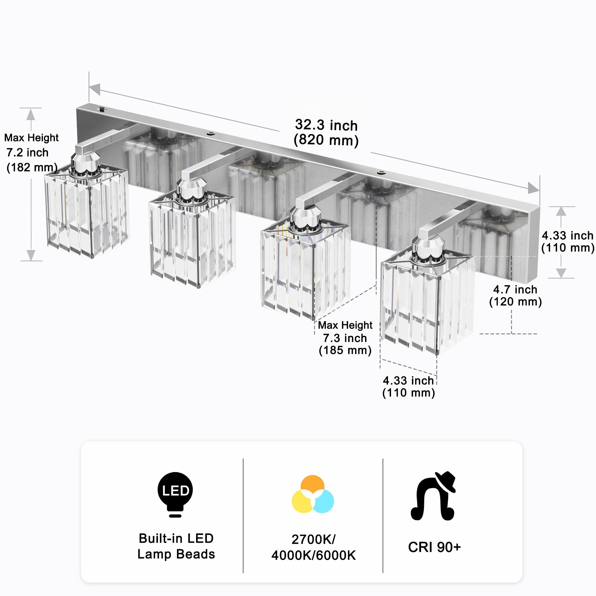 YANSUN 32.3-inch 4-Light Vanity Mirror Light with 3CCT, 20W Integrated LED, Crystal Glass Shade for Bathroom, Makeup Vanity