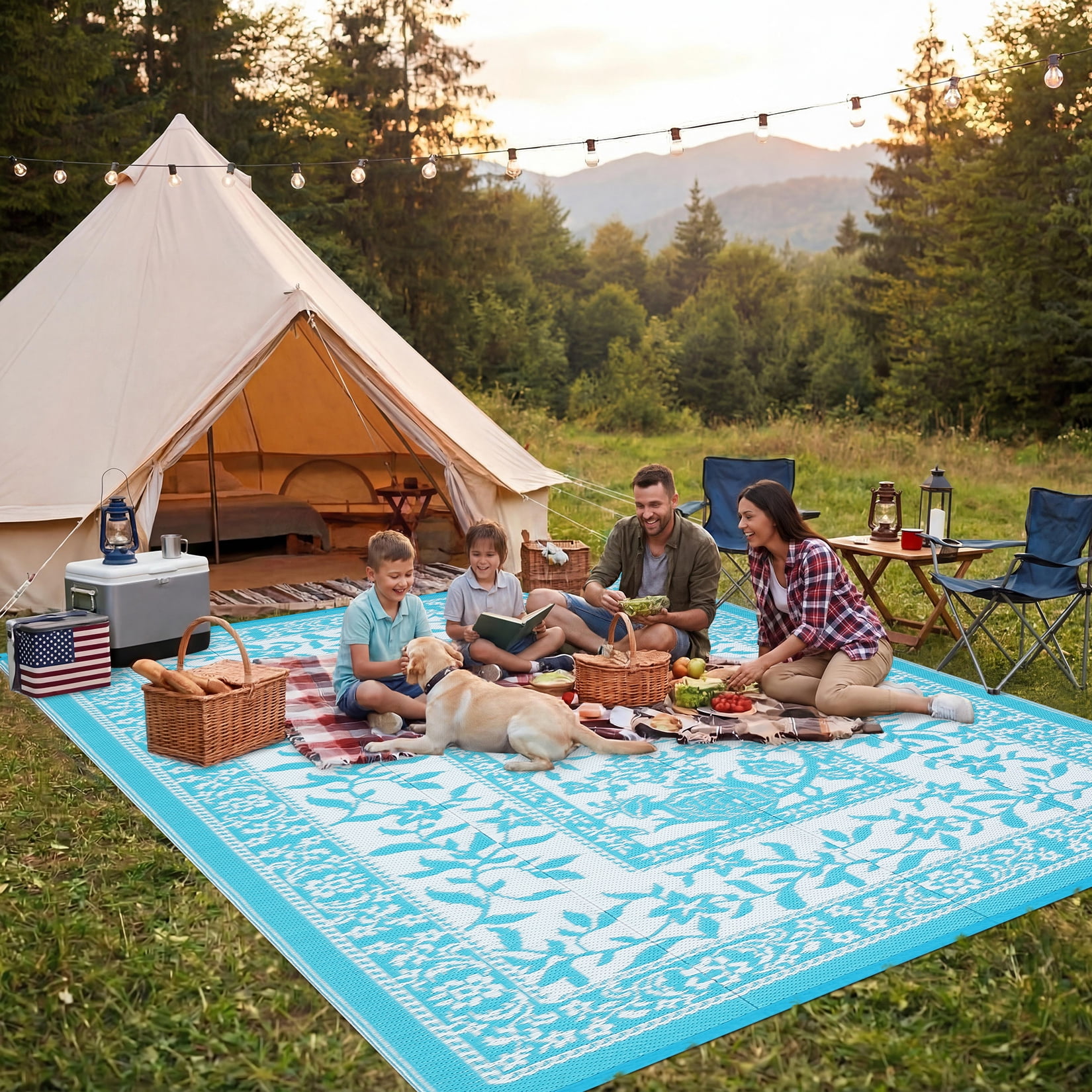 Garvee Outdoor Rug 8x10ft Waterproof Reversible Foldable Plastic Straw Rug, Modern Floral Border Outdoor Mat for Patio, Camping, RV, Deck, Porch, Balcony, Light Blue/White