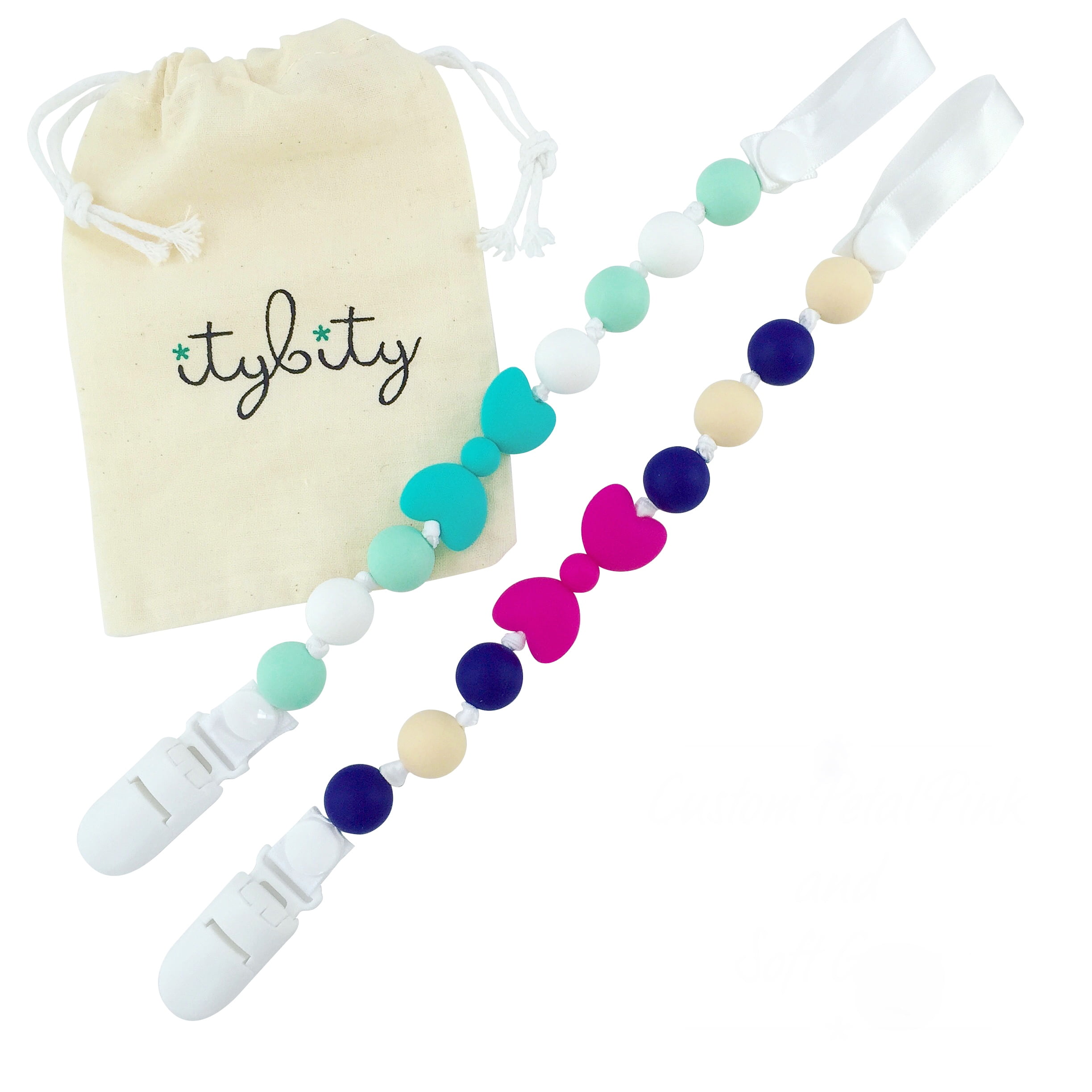 Bow Pacifier Clip Girl, BPA Free Silicone Teether, 2 Pack (Pink/Navy