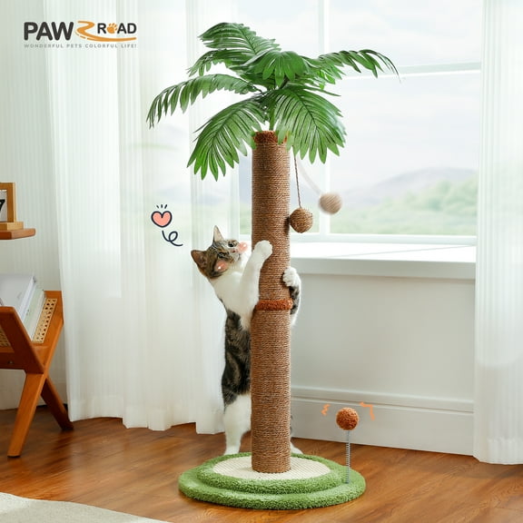 PAWZ Road 34" Coconut Palm Cat Scratching Post with Interactive Balls for Indoor Cats, Brown