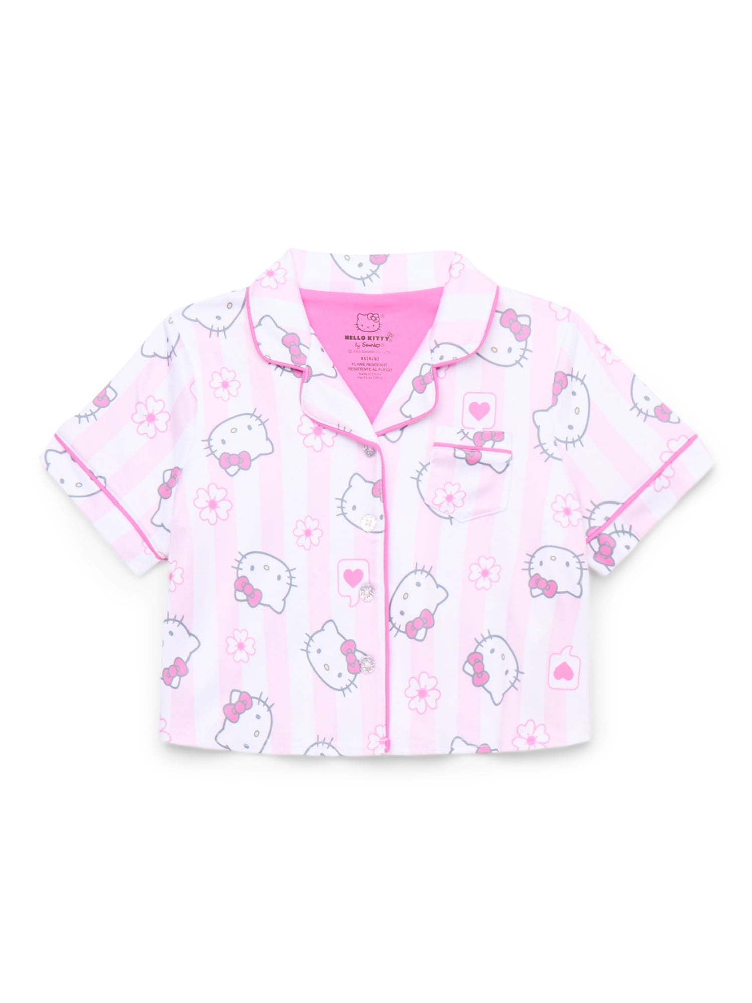 Hello Kitty Girls Button Front Top and Shorts Pajama Set, 2-Piece, Sizes 4-12