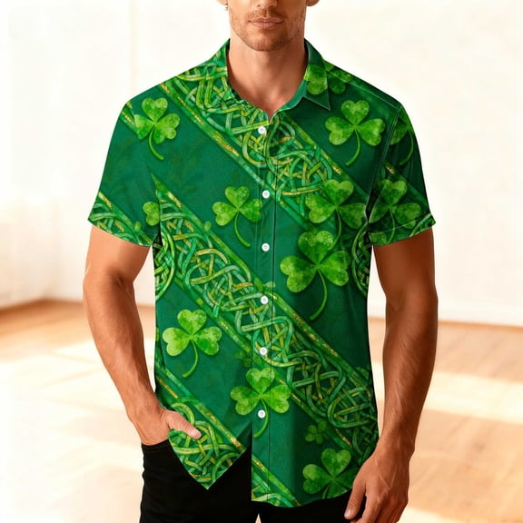 BVOFAR Men's Summer Beach Shirts Short Sleeve Button Down Shirt St. Patrick's Day Printed Top Cuban Resort Wear Green XXXL
