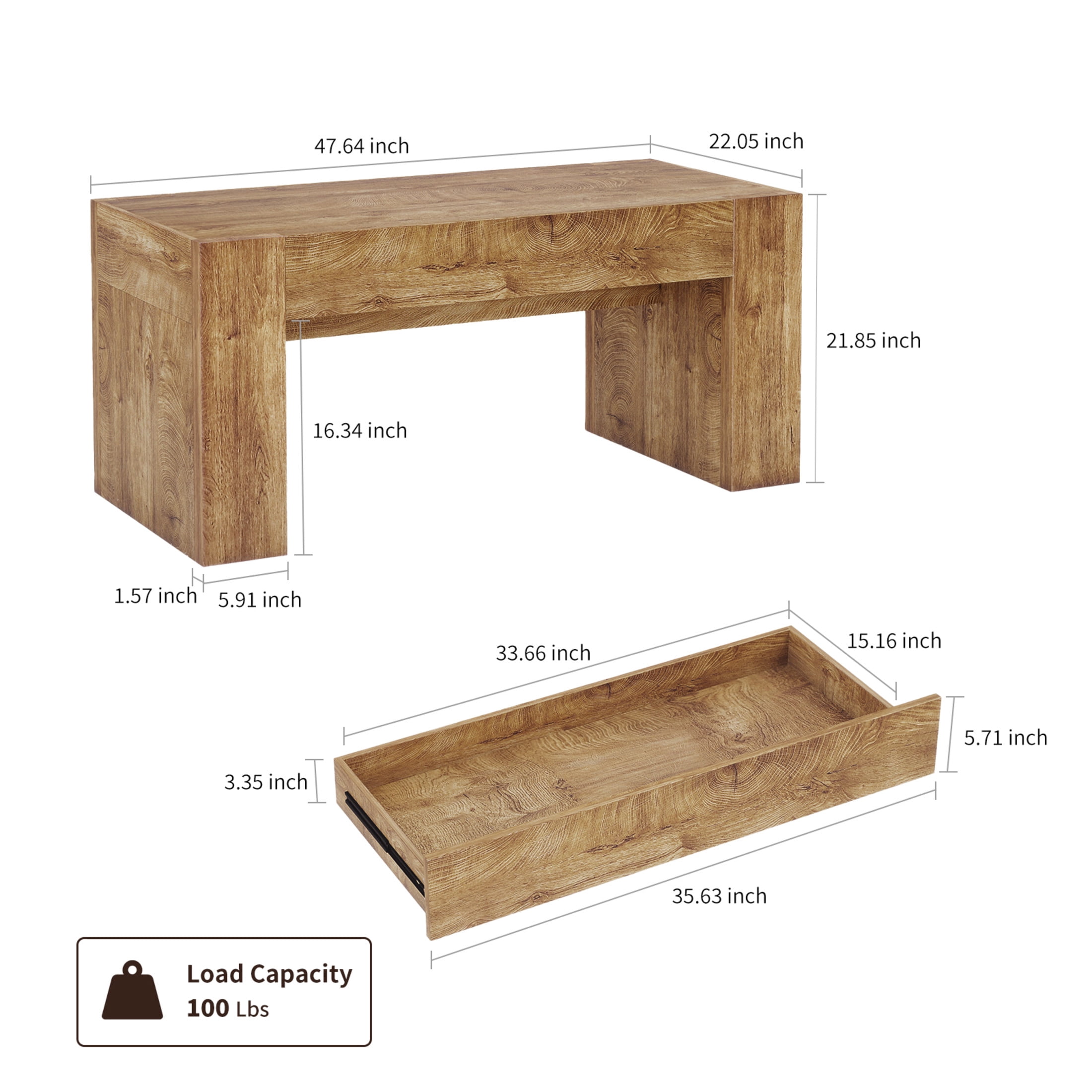 Noble House 48" Farmhouse Living Room Coffee Table, Rectangle Wooden Center Table with Hidden Storage, Natural
