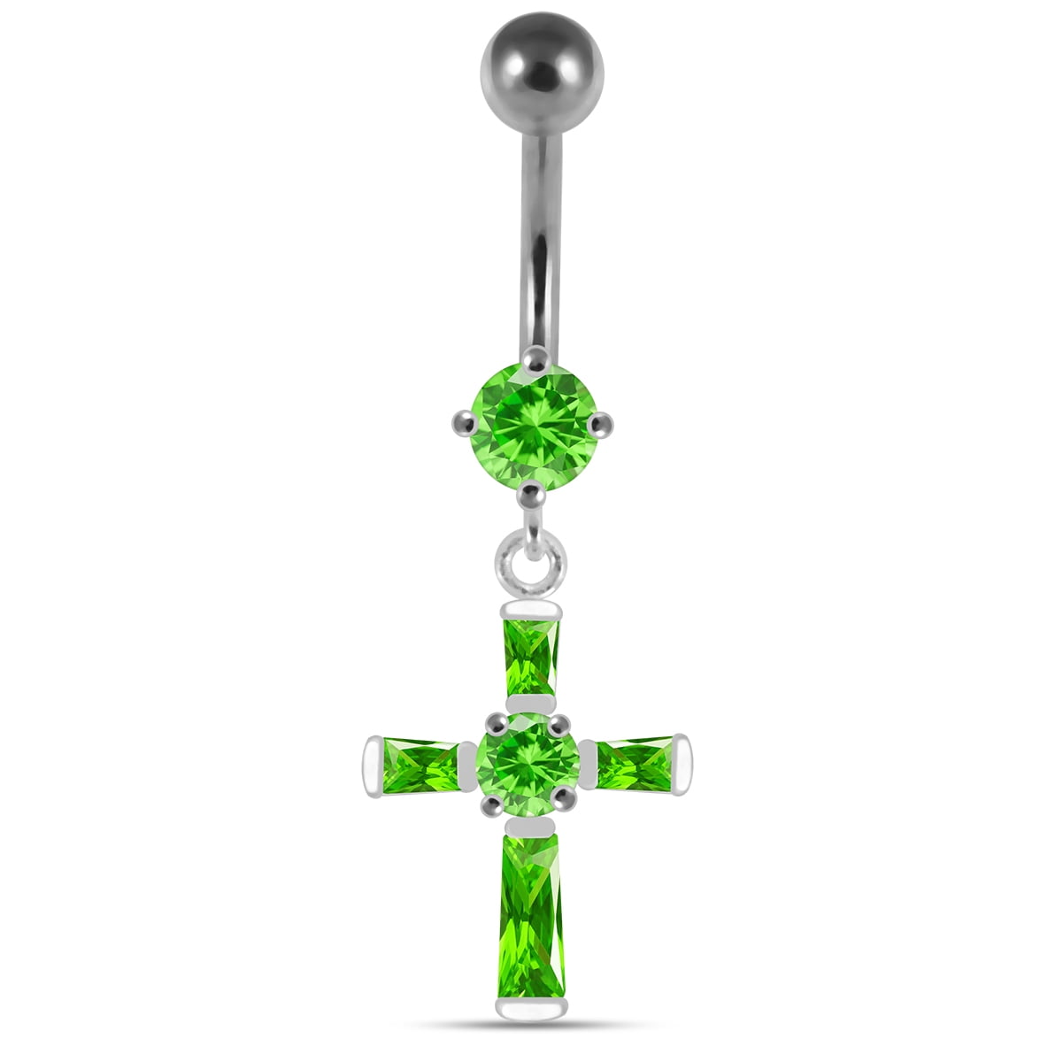 Jeweled Fancy Cross with Heart Gem Dangling 925 Sterling Silver Belly-Navel Ring Body Jewelry 