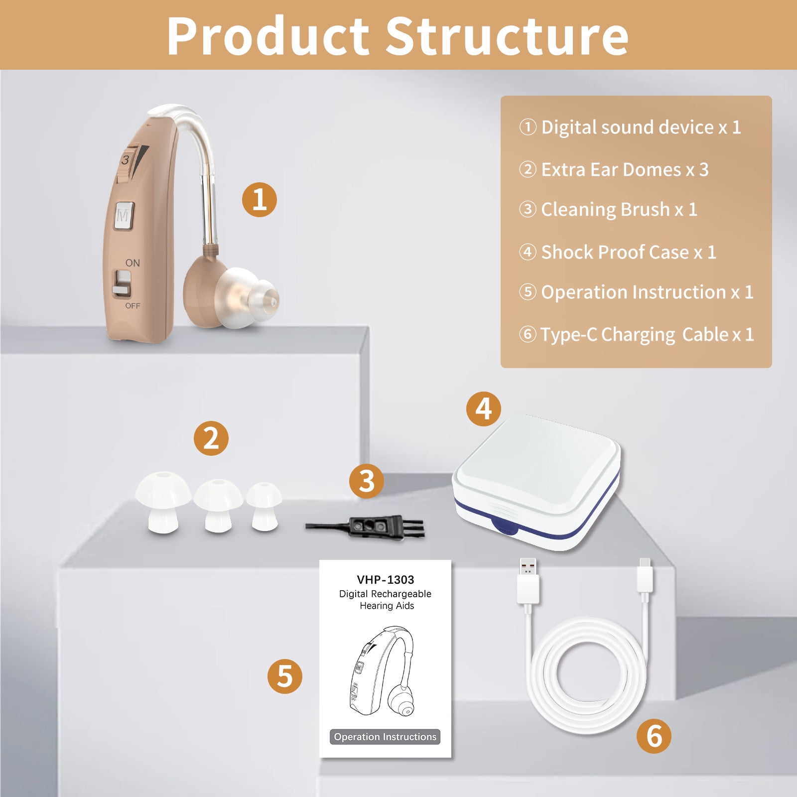 ELCTRTICI Hearing Aids for Seniors, Rechargeable Hearing Aid With Noise Cancelling and Volume Control,2 Frequency Modes,VHP-1303 Single,Beige