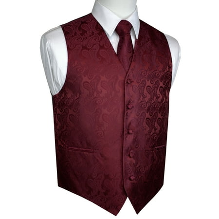 Mens Christmas Vests - Italian Design, Men's Tuxedo Vest, Tie & Hankie Set - Burgundy Paisley