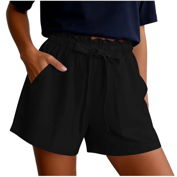 BTDECLAR Cotton Linen Shorts for Women Ruffle Drawstring High Waist Wide Leg Pants Casual Cute Summer Beach Vacation Shorts with Pockets