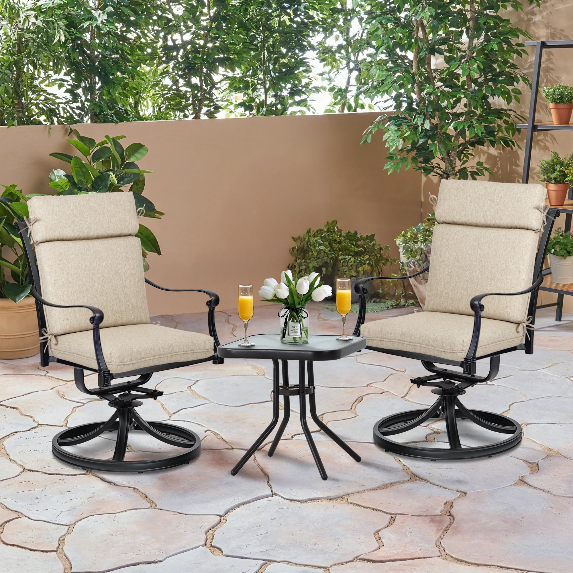 BPS Outdoor High Back Dining Chair Cushion Set, 37"x20"x2.8", TPU Water Repellent Coating&Stain Resistant, Polyester Fabric Cover with Ties and Zipper, Brown, Set of 4