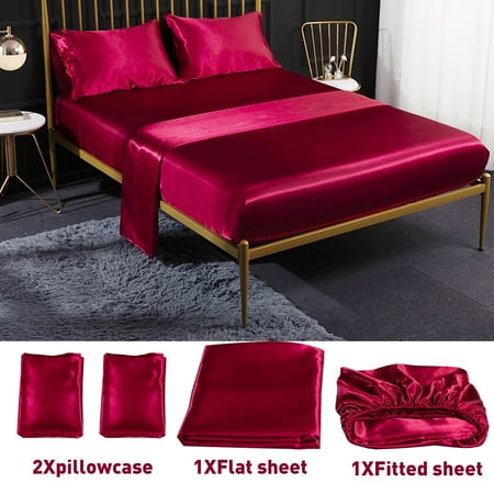 4pcs Soft Silk Satin Pure Colour Bedding Flat Sheets ...