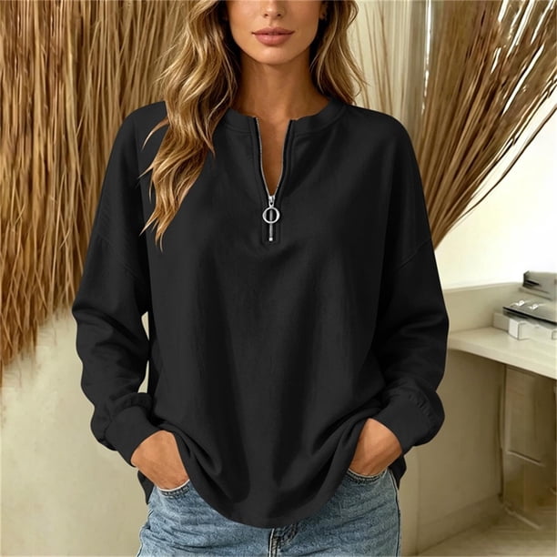 Neewe Women's Plain Long Sleeve Top Fall 1/4 Zipper Tops Loose Ladies Casual Fashionable Top Pullover