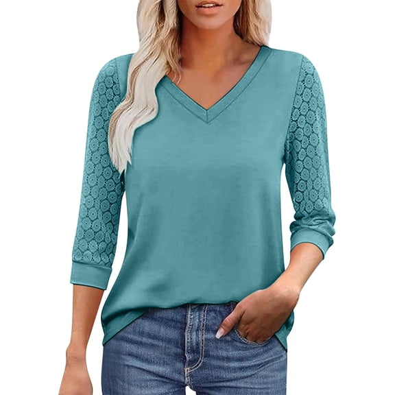 CHGBMOK Women Lace 3/4 Sleeve Blouse V Neck T Shirt Casual Dressy Basic Shirts Loose Fit Top
