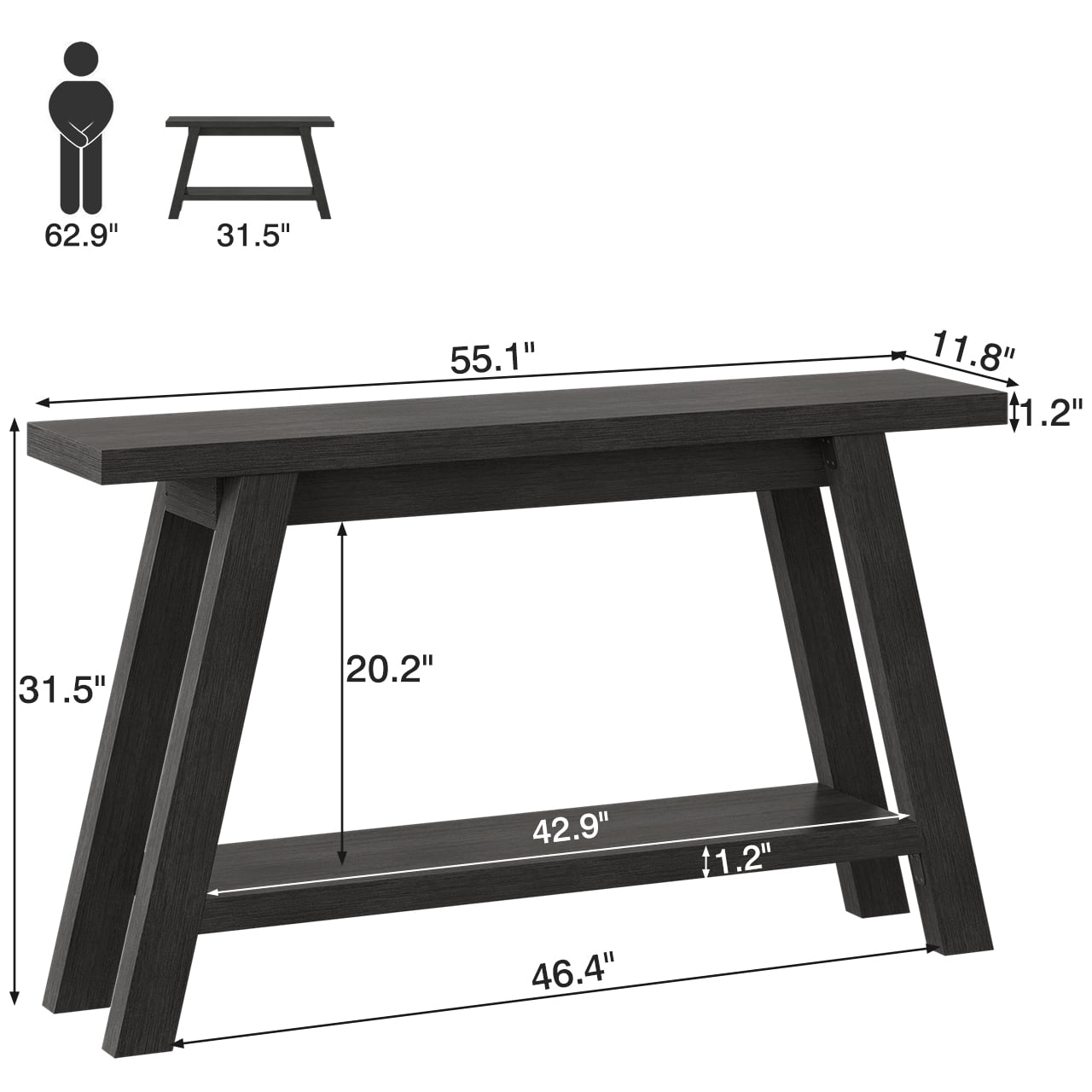 54" Farmhouse 2-Tier Console Table ,Wooden Entryway Sofa Table, Black