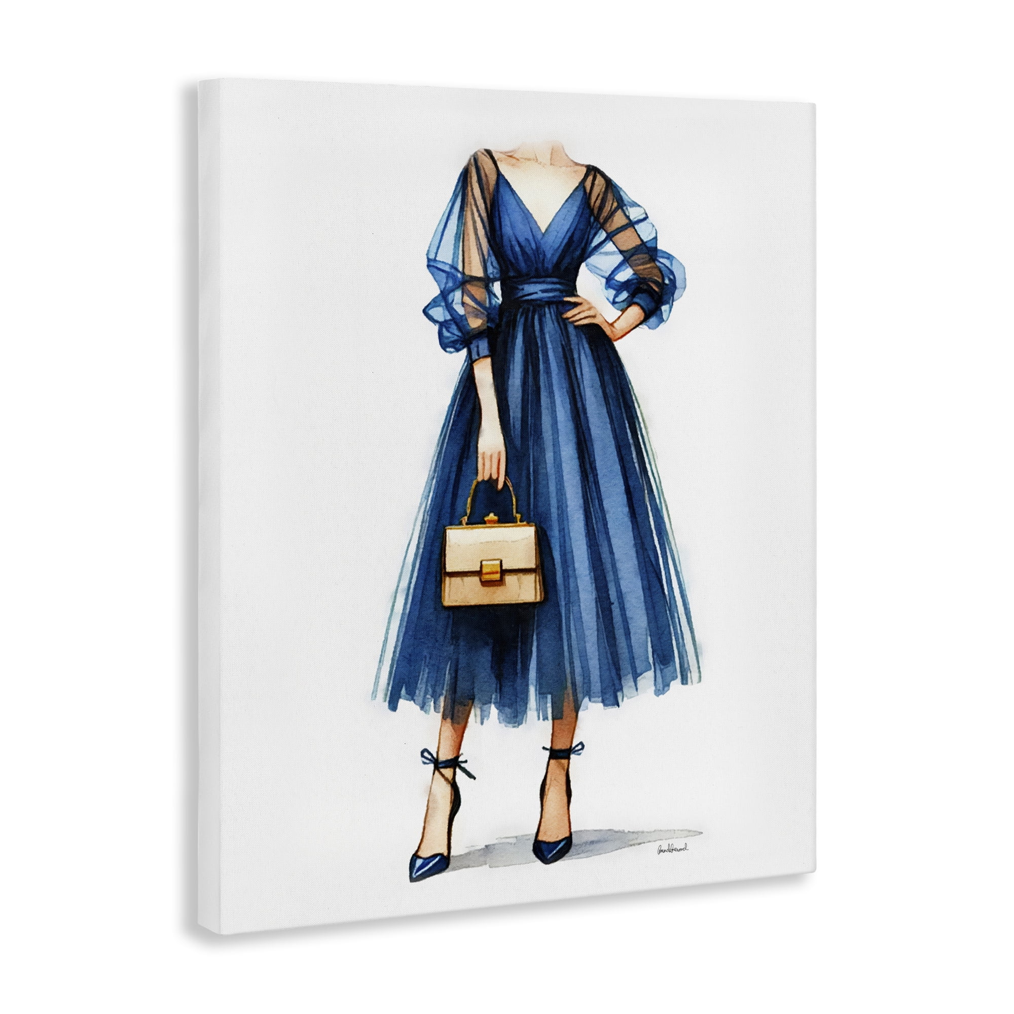Stupell Industries Glam Blue Fashion Gown Fashion Painting Wrapped Canvas Art Print Wall Art, 16 x 20