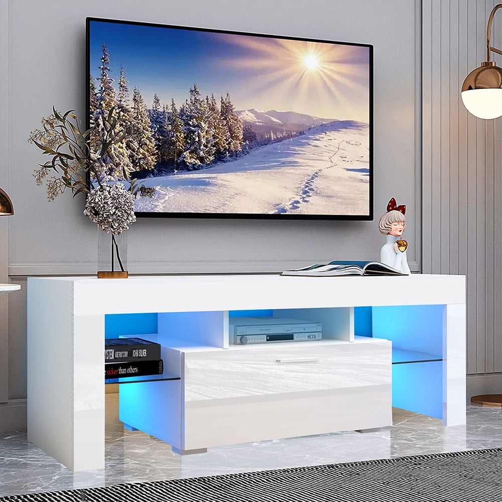 Sesslife White TV Stand for 55 inch TV, Modern High Glossy Television Stands with 16 Colors LED