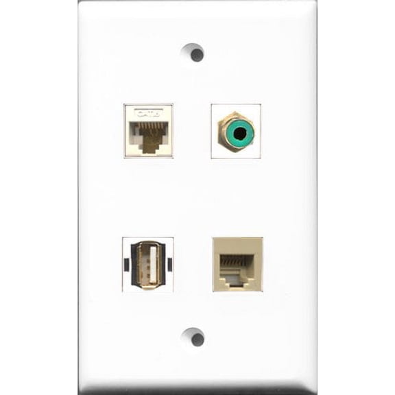 RiteAV 1 Port RCA Green and 1 Port USB A-A and 1 Port Phone RJ11 RJ12 Beige and 1 Port Cat6 Ethernet White Wall Plate