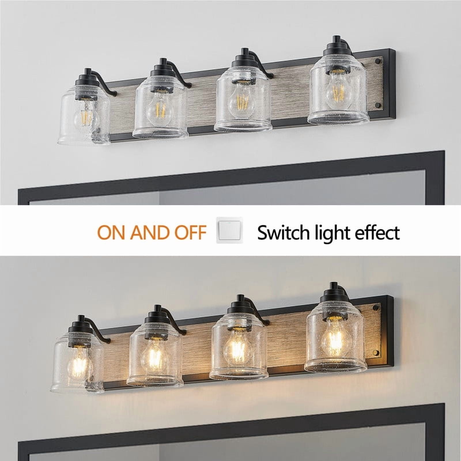32" Farmhouse Vanity Light, 4-Light Bathroom Wall Sconce with Seeded Glass Shades, Black Wood Grain Finish, Modern Industrial Style (No Bulbs)