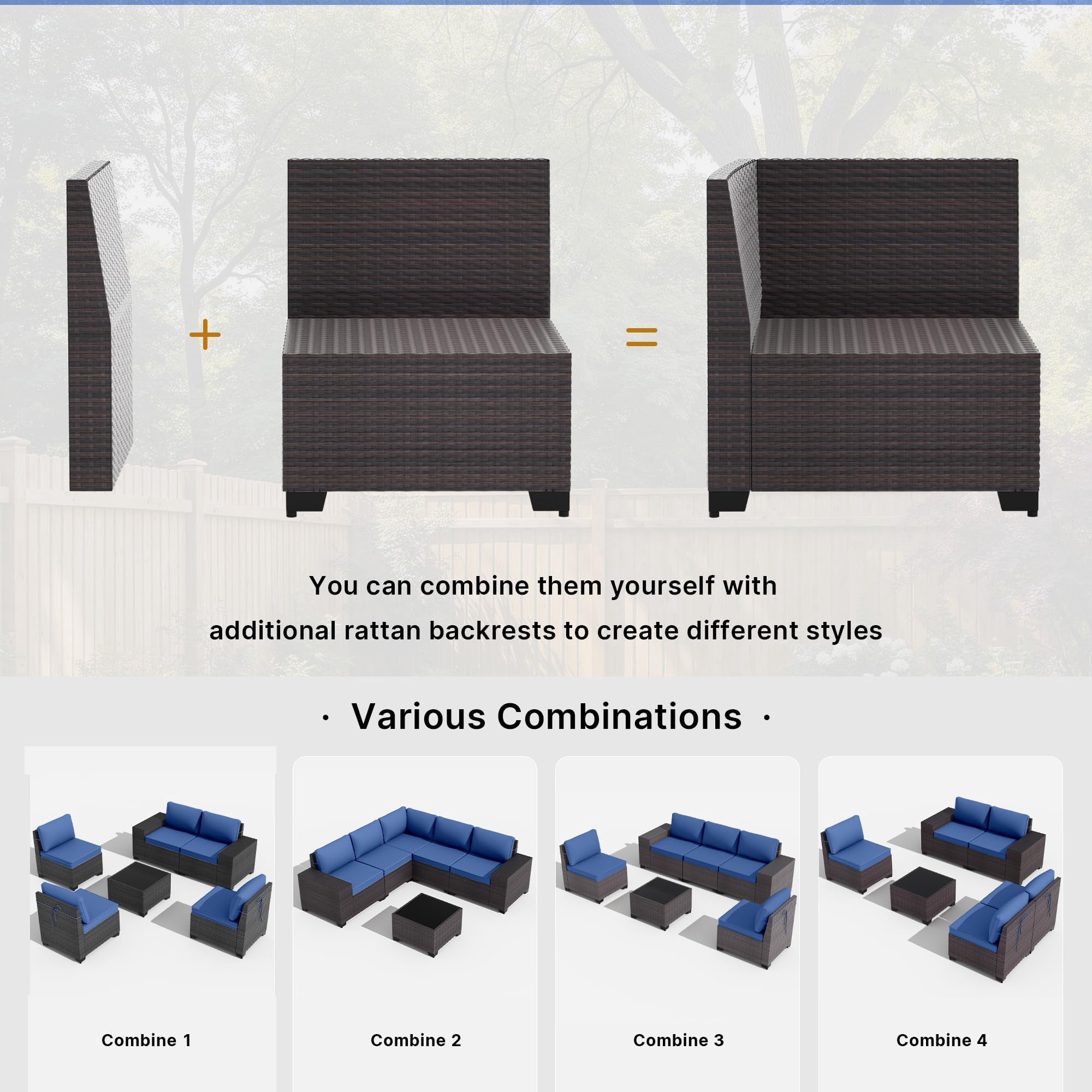 Gotland Outdoor Patio Set 8 Pcs Rattan Wicker Sofa with 43.3" Gas Fire Pit Table, Navy Blue