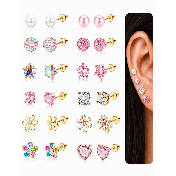 12 Pairs Hypoallergenic Earrings for Women Surgical Steel Screw Back Earrings for Sensitive Ears Cute Heart CZ Flower Ball Tiny Flat Back Stud Earring,Gold