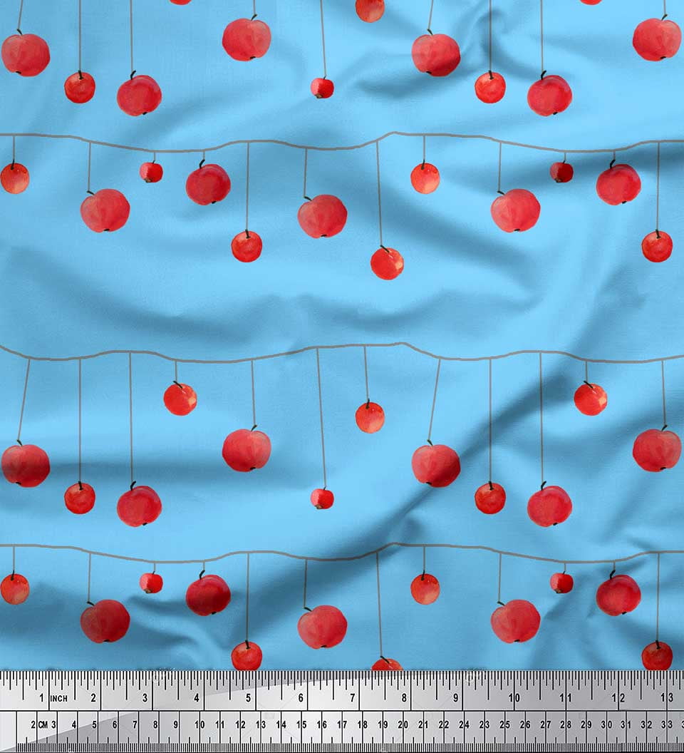 Soimoi Blue Cotton Cambric Fabric Cherries Fruits Printed Fabric 1 Yard
