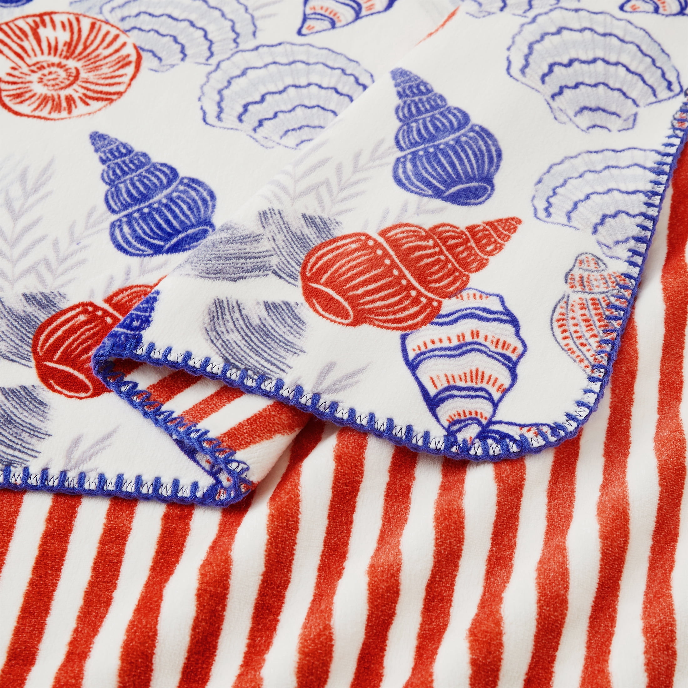 Coastal Living Throw Blanket, Reversible Plush Fleece Blanket for Couch, Blue & Orange Seashells, 50" x 72"