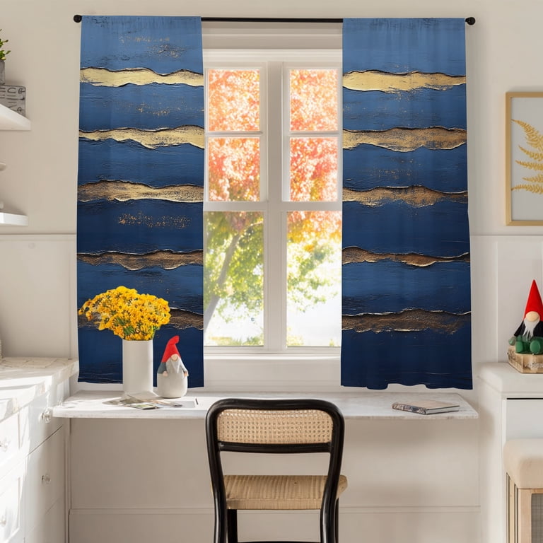 Semi Sheer Curtains Panels, Gold Navy Blue Stripes Abstract Sea Wave ...