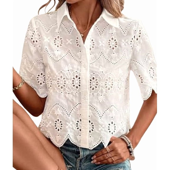 Women Short Sleeve Button Down Collared Blouses Embroidery Eyelet Top White S