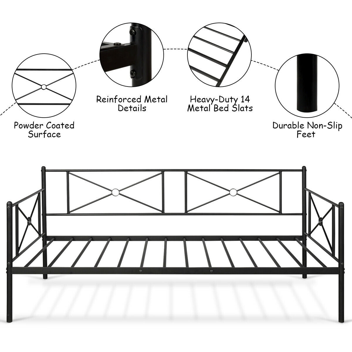 Metal Daybed Frame Twin Size Multifunctional Platform Bed Stable Steel Slats