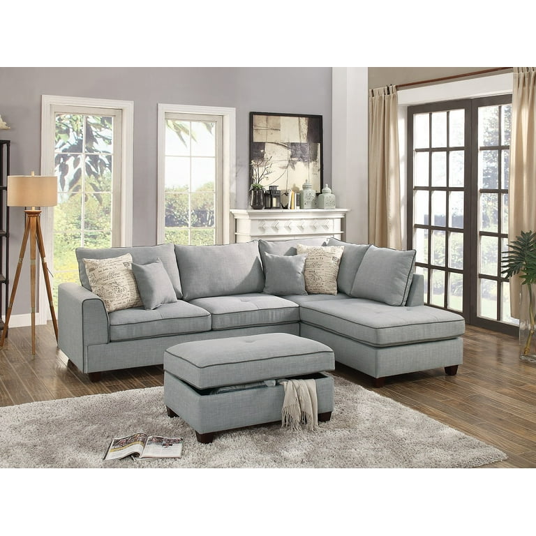 Beautiful Design 3 piece Sectional Set Light Grey Color Dorris Fabric Crafted large Plush Pillows Reversible Chaise Sofa Storage Ottoman