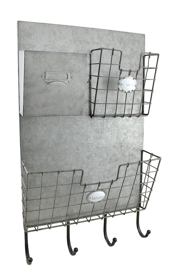 Rustic Metal 3 Compartment Mail Center Wall Organizer with Key & Coat
