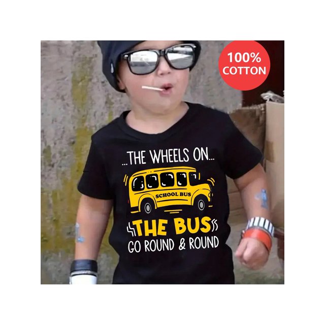 100% Cotton Boys' T-Shirt - "The Wheels on the School Bus Go Round & Round" Graphic Print, Comfortable Casual Round Neck Short Sleeve Tee for Youngsters, Summer Wear, Youngsters's Playwear