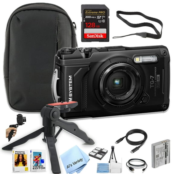 OM SYSTEM Tough TG-7 Digital Camera, 12MP, 2x Digital Zoom, Waterproof, Black, 128GB SD Card (Rugged Bundle)