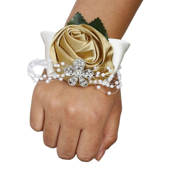 Yuarrent Ramillete de muñeca de rosa satinada hecho a mano de larga duración para bodas y graduaciones elástica N22 oro claro Type3 NO3