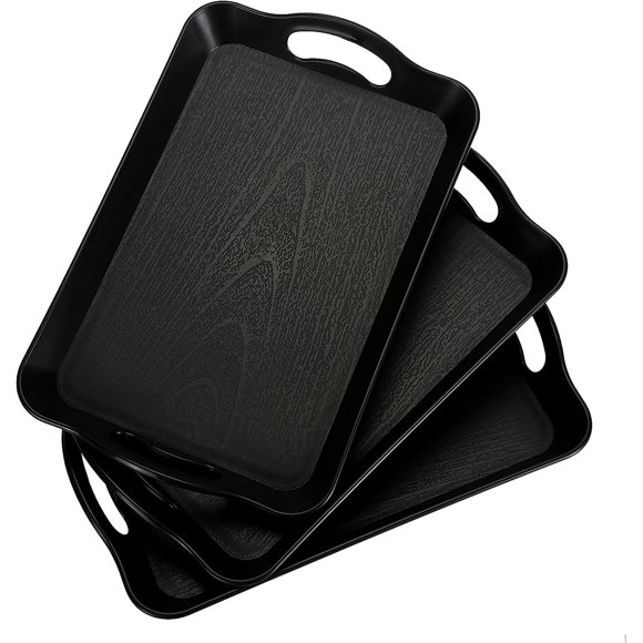 3 Pack Black Serving Trays with Handles,40.6 x 28 x 3cm Rectangular Non Skid Multi-Purpose Plastic Tray