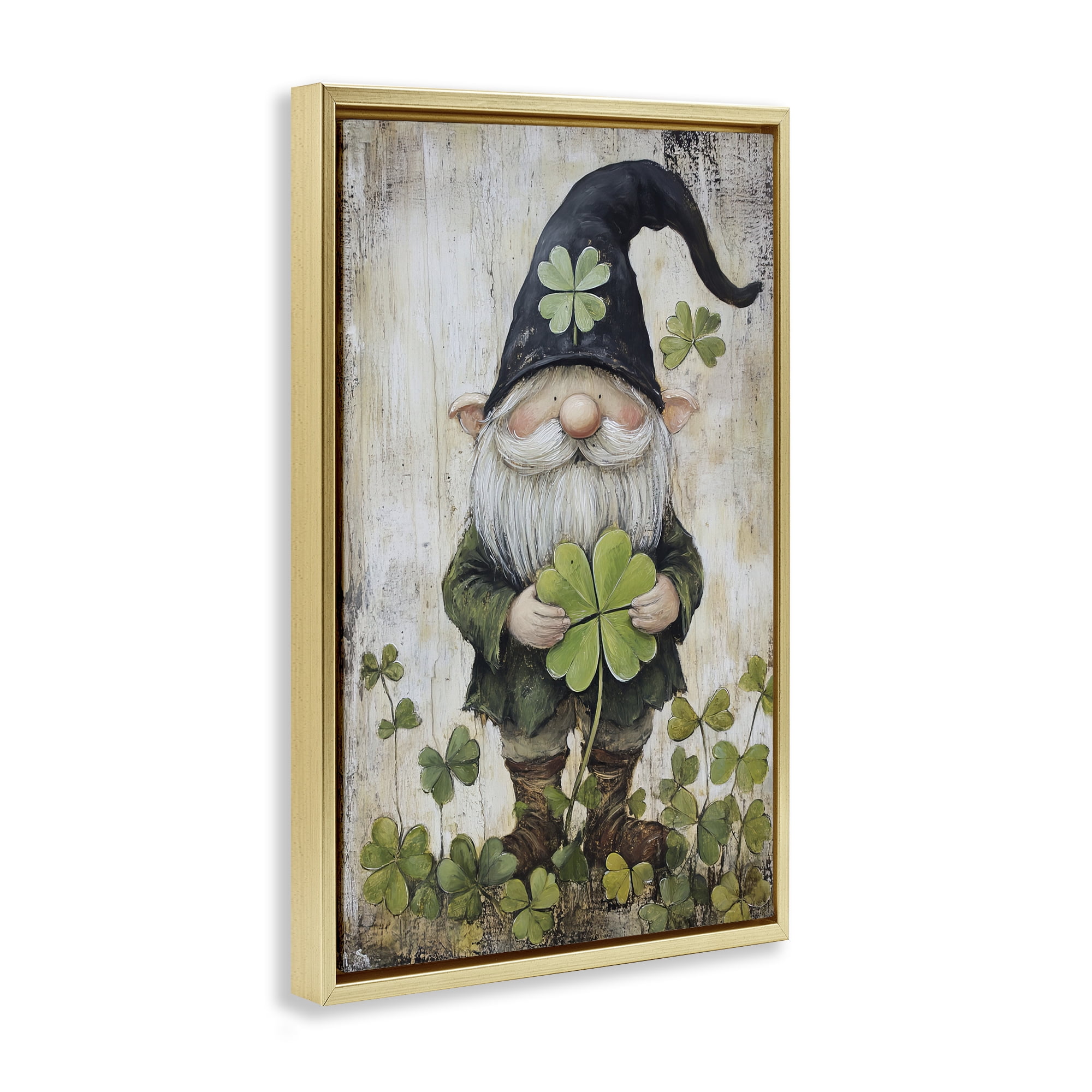 Stupell Industries Cottage Shamrock Gnome Gold Framed Floater Canvas Wall Art, design by Tina LeCour