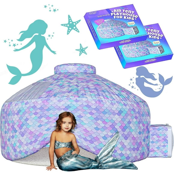 Skywin Air Tent Kids Fort Playhouse Fan Tent (Mermaid) - 2 Pack Improved Inflatable Fort Sets Up and Stores Away in Seconds (Fan NOT Included)