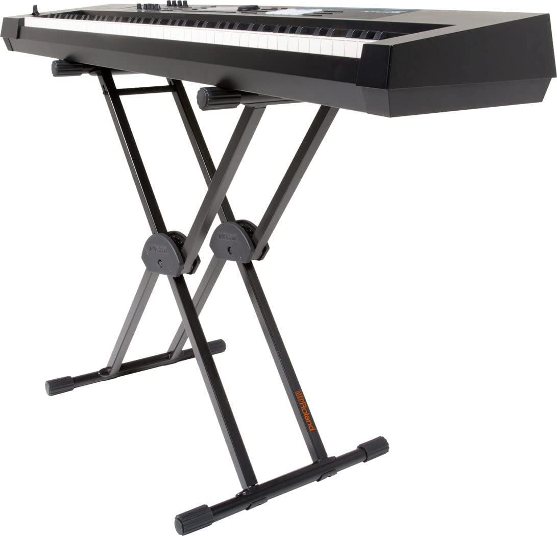 Roland KS-20X Spring-Loaded Double-Braced Keyboard Stand - Black Bundle with Damper Pedal and Austin Bazaar Polishing Cloth