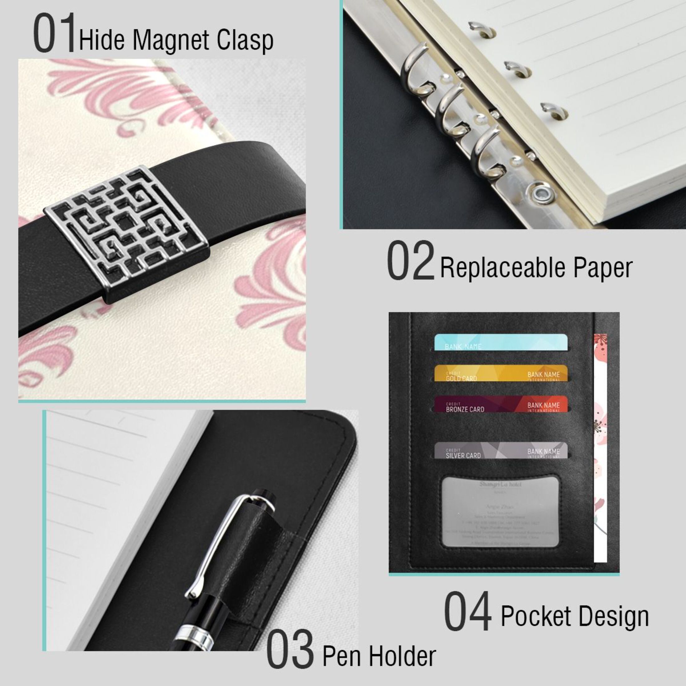 9.2x6.7 inch Leather Notebook 100 Sheets, Multi-Pocket Design & Pen Loop Cream Vintage Pattern Refillable Journal Organizer