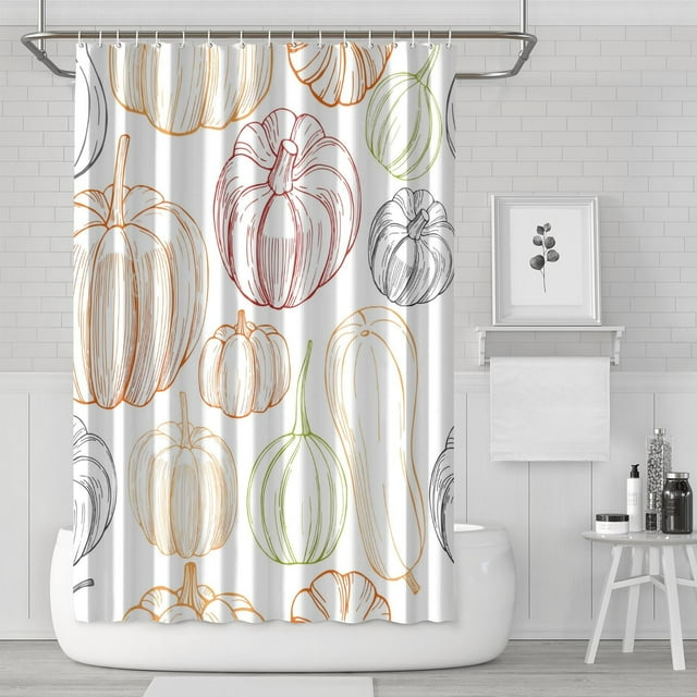 Rideau de Douche Feuilles d'Eucalyptus Citrouilles d'Automne, Rideaux de Baignoire Réutilisables avec Crochets en Tissu Polyester Rétro pour Décoration de Maison Fête d'Automne Jour de l'Action de Grâce