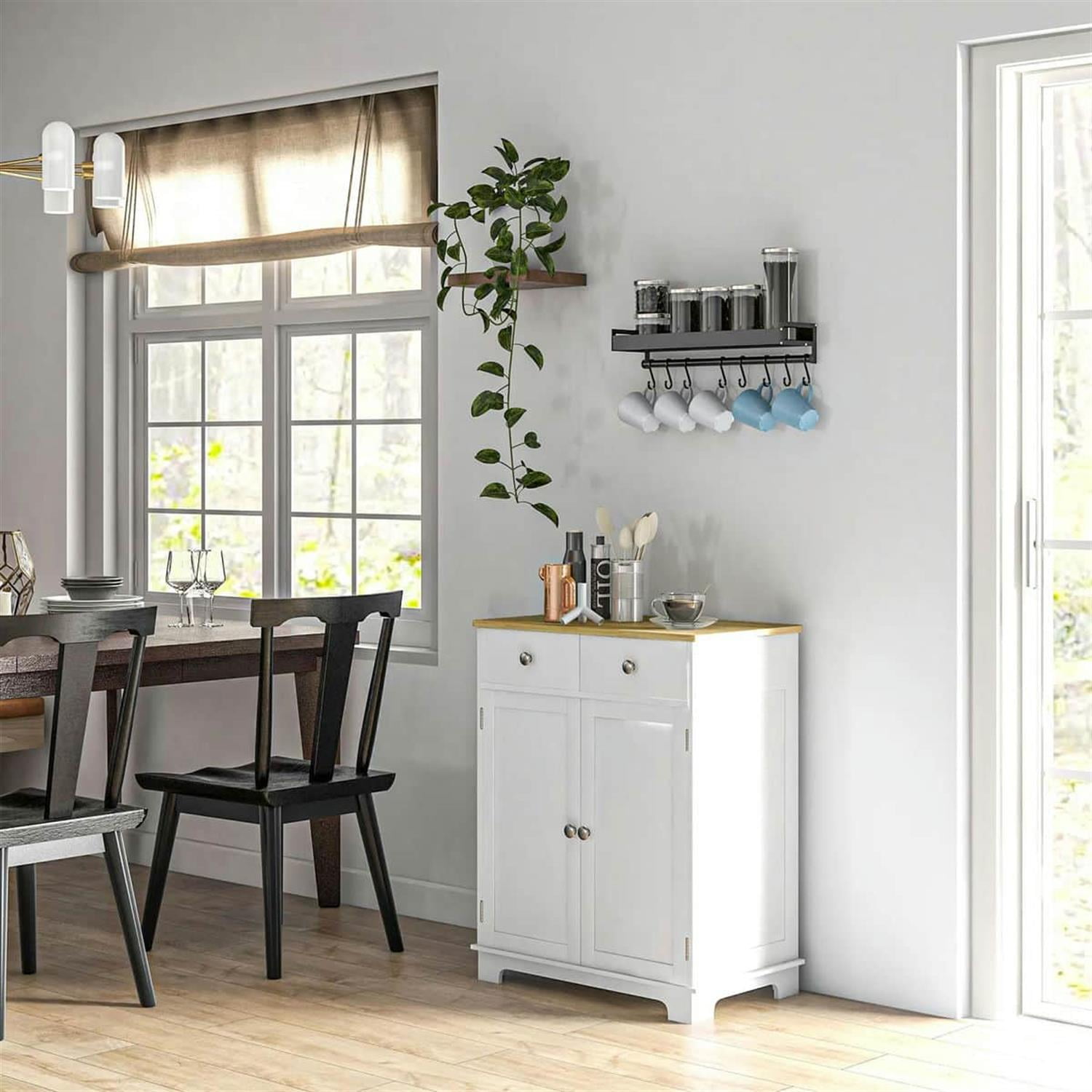 Demi Bonn 33" Kitchen Storage Cabinet Solid Wood Top Sideboard Floor Cupboard, Adjustable Shelf & 2 Drawers for Home Organization, White