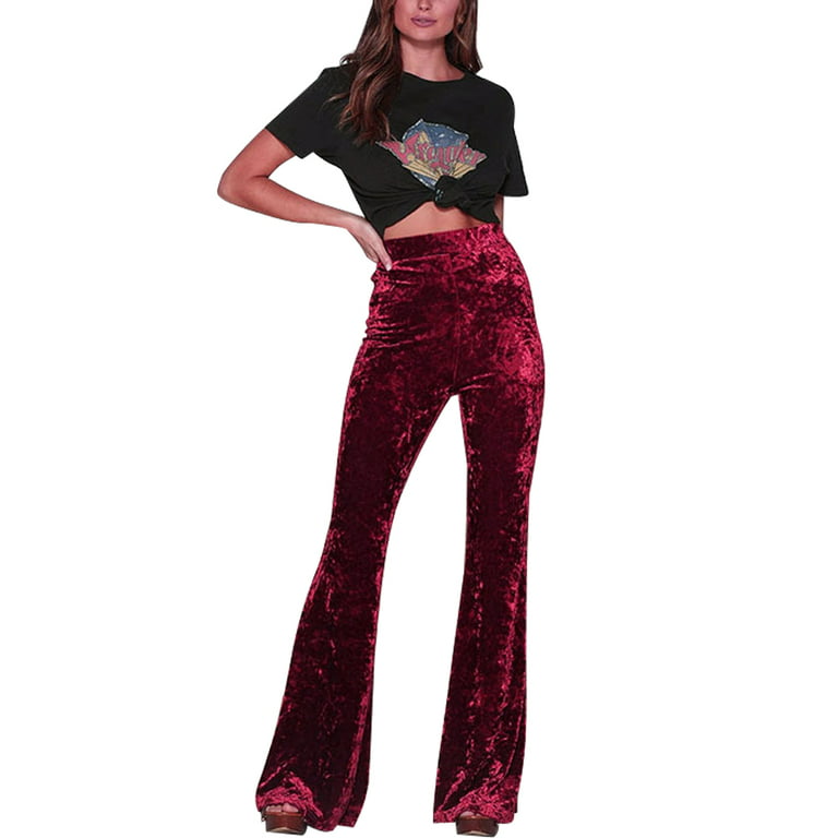 COUTEXYI Womens High Waist Crushed Velvet Flare Pants Ladies Casual Bell  Bottoms Trousers 