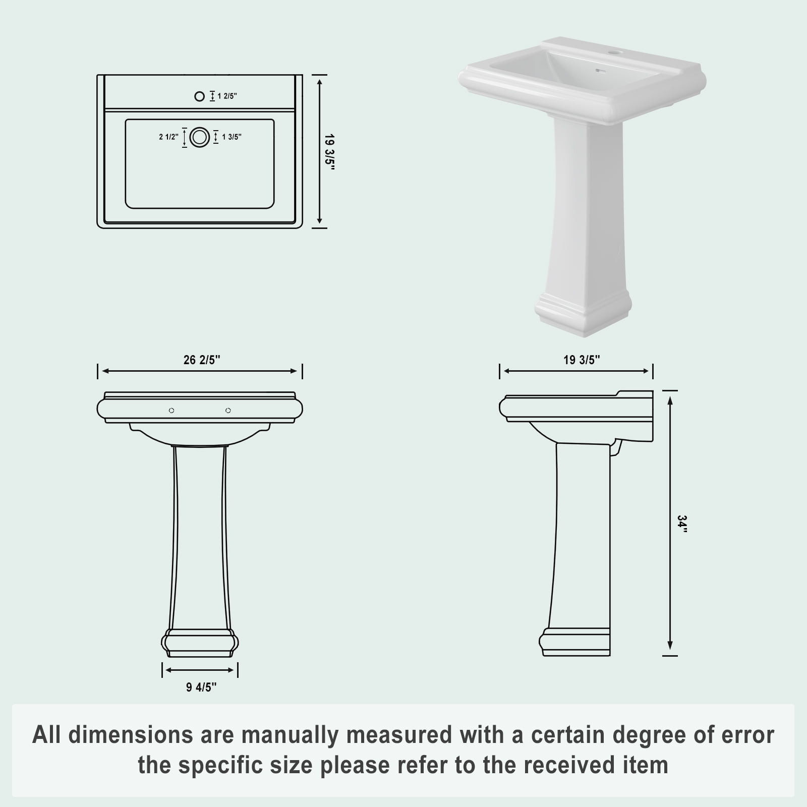 26"L X 21"W Rectangular Pedestal Sink, White Ceramic Pedestal Bathroom Sink with 3 Faucet Holes At 4" Faucet Centers, with Overflow