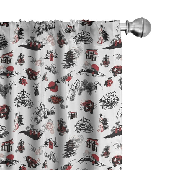 Ambesonne East Curtains, Japanese Architecture Artwork, Pair of 28"x84", Dark Coral Black White