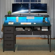 Greenstell 55 inch Computer Desk with Monitor Shelf, LED Lights, Power Outlets & 5 Storage Drawer, Home Office Desk, Black