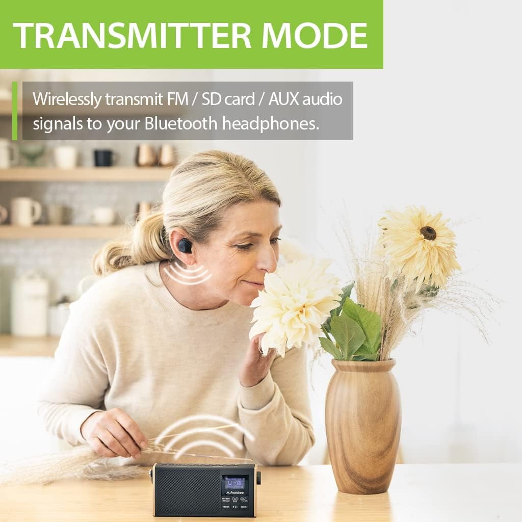 Avantree Soundbyte T FM Radio with Bluetooth, Works with Your Bluetooth Earbuds, SD Card MP3 Player, Portable Bluetooth Speaker All-in-1, 11hr Rechargeable & Replaceable Battery, Easy to Use