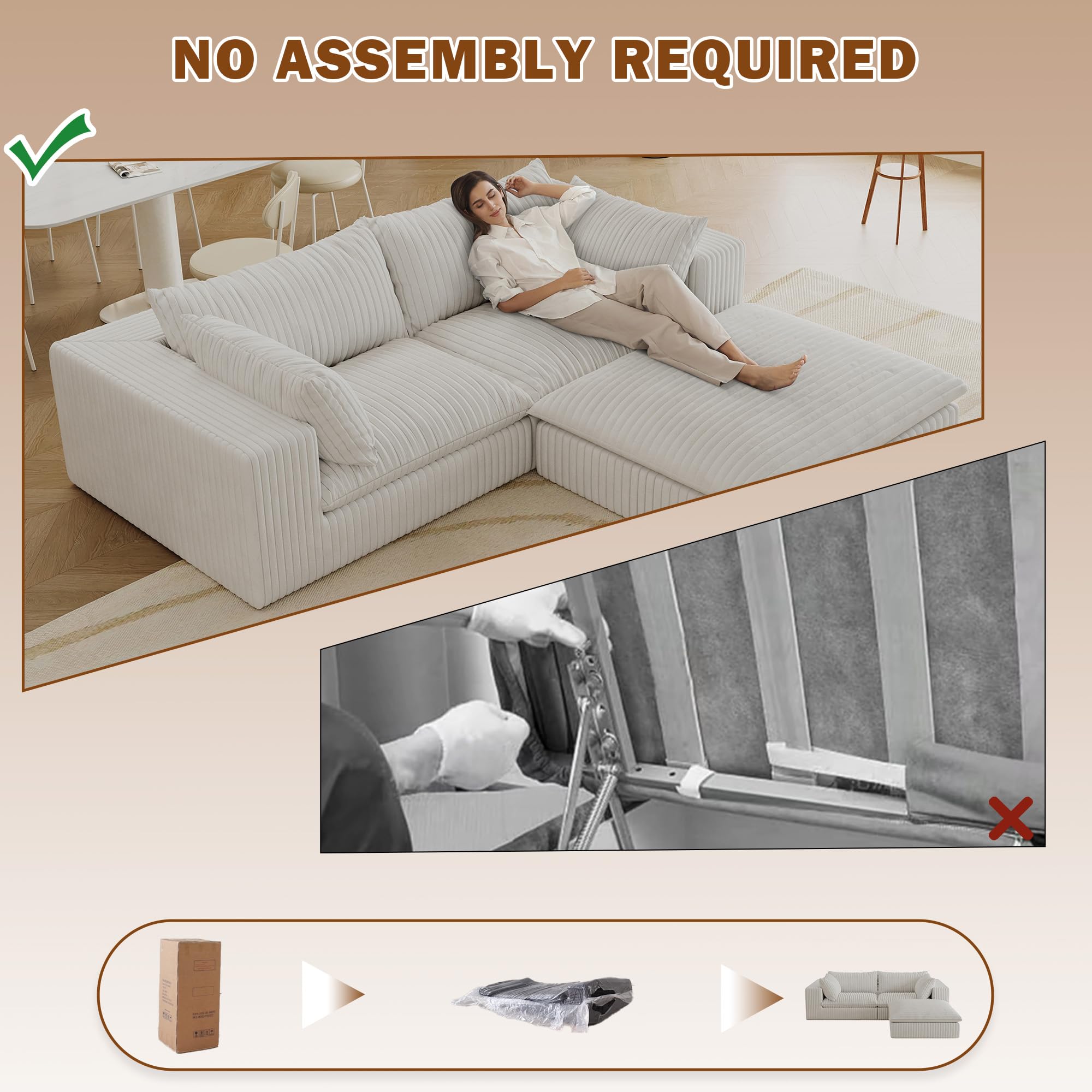 Eyisean 78.8" Corduroy Cloud Loveseat Couch with Ottoman, 2 Seater Comfy Boneless Couch with Throw Pillow, Removable Cushion, Lounge Sofa in a Box, Modular Sectional Sofa for Living Room, Bedroom